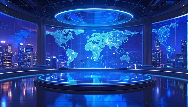 Modern global news studio with digital world map background perfect for news broadcast background, virtual event stage