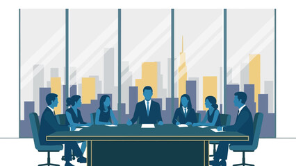 Corporate meeting in modern office setting with city skyline view