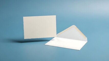 Blank white card floats above open envelope on blue background