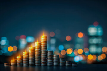 Stacked coins arranged in ascending and descending order symbolizing financial growth and investment opportunities against a blurred cityscape with colorful lights a