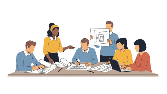 Team collaboration on architectural plans in modern office setting