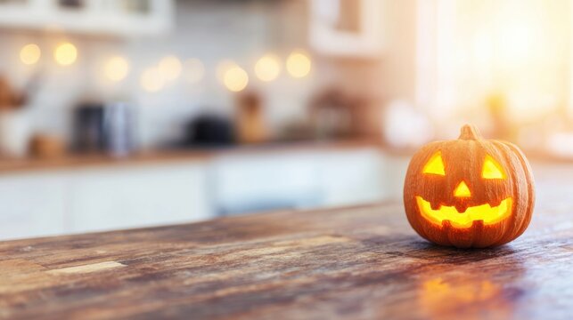 Bright jack-o'-lantern on a wooden countertop during a festive autumn evening