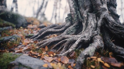 Intricate roots of a tree dominate the forest floor in autumn colors