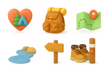 Hiking icon set featuring camping gear, map, and nature elements for outdoor adventure designs