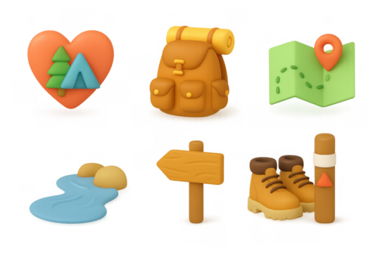Hiking icon set featuring camping gear, map, and nature elements for outdoor adventure designs