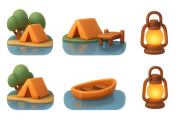 Lakefront camping icons collection featuring tents, lanterns, and boats for outdoor adventure design