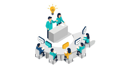 Business team meeting in modern isometric style with creative idea brainstorming