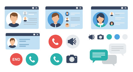 Flat design video call interface elements with user avatars and communication icons
