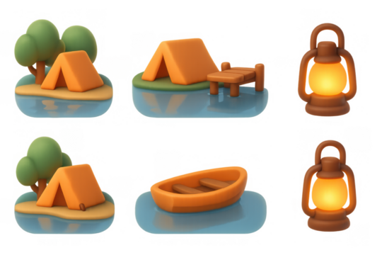 Lakefront camping icons collection featuring tents, lanterns, and boats for outdoor adventure design