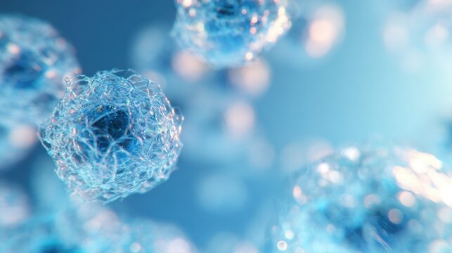 Detailed view of blue microorganisms under a microscope at a lab setting