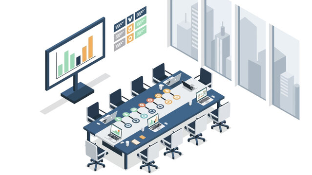 Isometric modern office with digital marketing presentation in conference room