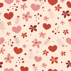 Heart wit floral classic valentine romantic red colors. Seamless fabric design pattern