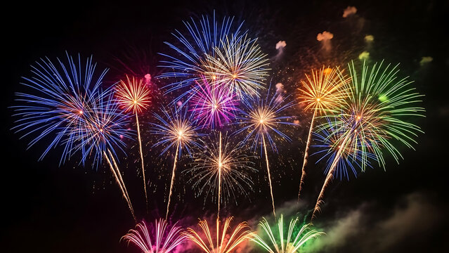 Vibrant colorful fireworks exploding high in the night sky - Powered by Adobe