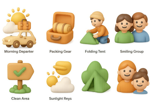 Vibrant camping adventure icons with diverse scenes and objects for outdoor enthusiasts - Powered by Adobe