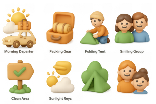 Vibrant camping adventure icons with diverse scenes and objects for outdoor enthusiasts