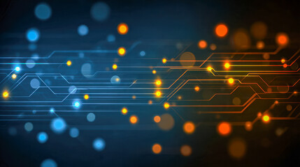 Futuristic digital circuit lines glowing with vibrant blue and orange lights illustrating advanced technology and data flow in a high-tech environment