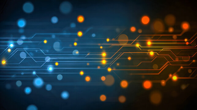 Futuristic digital circuit lines glowing with vibrant blue and orange lights illustrating advanced technology and data flow in a high-tech environment