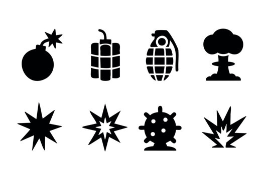 Minimalist explosion and danger icons &mdash; bomb, dynamite, and blast &mdash; stock vector.