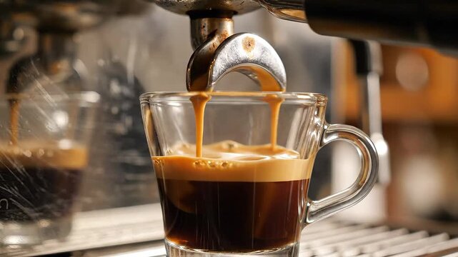 Closeup of espresso pouring into a clear glass cup from a coffee machine.