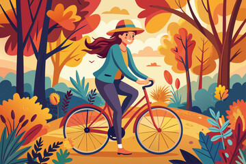 Fototapeta premium A cheerful woman with a bicycle rides through an autumn sunny forest surrounded by bright foliage. A young woman in a hat has fun and walks outdoors with .