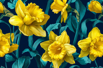 Vibrant yellow daffodil flowers with detailed petals and teal green leaves on a dark background creating a striking botanical pattern in full bloom