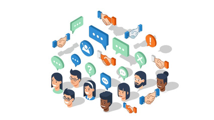 Isometric social media network with diverse user avatars and message icons