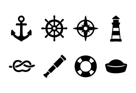 Minimalist nautical icons &mdash; anchor, compass, and ship wheel &mdash; stock vector.
