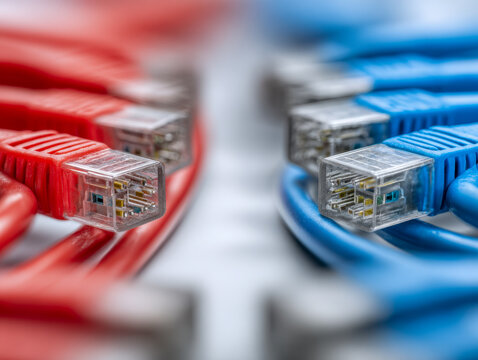 Red and blue network cables with connectors neatly arranged face to face symbolizing data connection and communication technology concepts in close-up view