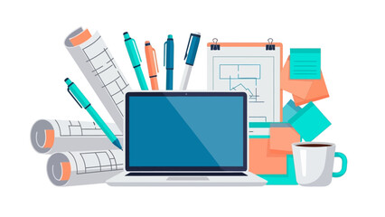 Creative workspace with laptop, stationery, and coffee in modern flat design