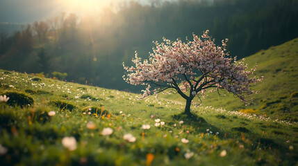 Blossom tree in tranquil meadow at golden hour