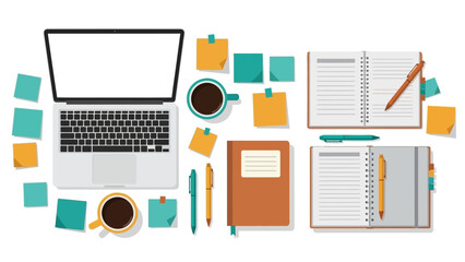 Flat lay office desk with laptop, notebooks, pens, and coffee cups in modern workspace