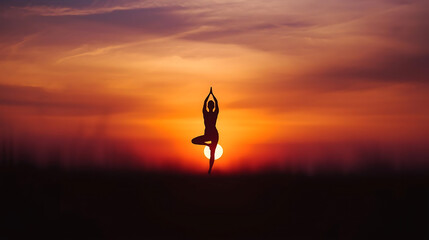 Silhouette in tree pose at vibrant sunset yoga