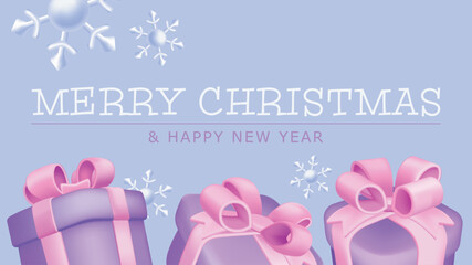 Merry Christmas and Happy New Year greeting card. Holiday minimalist banner design with flying snowflakes and purple with pink gift boxes border with glossy 3d render effect. Vector illustration.