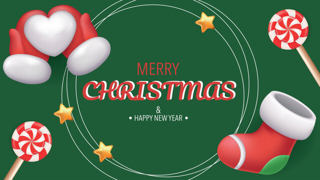 Merry Christmas and Happy New Year greeting card. Holiday green banner design with Santa Claus mittens holds heart snowball, red festive sock, twisted swirl lollipops, gold stars. Vector illustration.