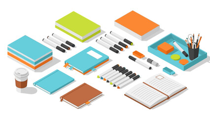 Colorful isometric office supplies collection with notebooks, pens, and desk accessories