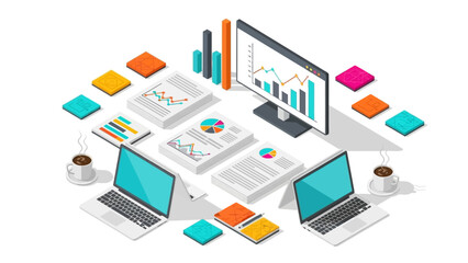 Obraz premium Modern isometric office workspace with laptops and data analysis charts