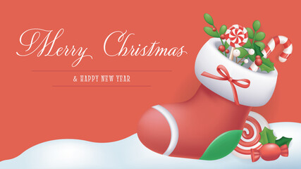 Merry Christmas and Happy New Year greeting card. Holiday banner design with Santa Claus sock with candy cane, lollipops, holly berry and green leaves. Festive invitation poster. Vector illustration.