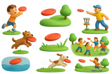 Frisbee fun icons with diverse characters and playful scenes for design and illustration