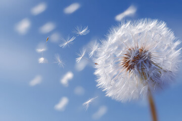 Delicate white dandelion seeds gently drifting away on a clear blue sky background in a peaceful nature scene on a sunny day