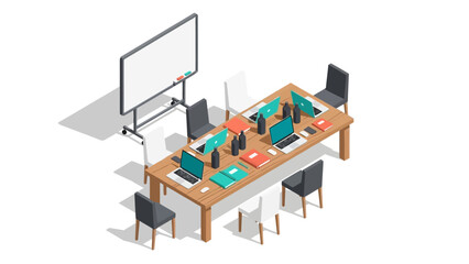 Isometric office workspace with laptops and whiteboard for collaborative meetings