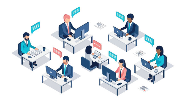 Isometric office scene with diverse professionals working remotely at desks with laptops and chat bubbles