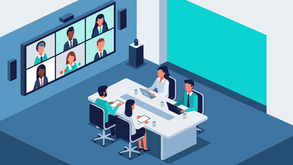 Remote team collaboration in modern office with conference call setup