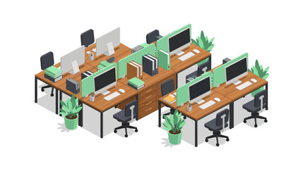 Modern isometric office workspace with desks, computers, and greenery