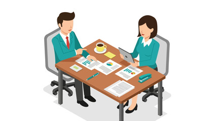 Obraz premium Isometric office meeting with professionals analyzing data and charts at work