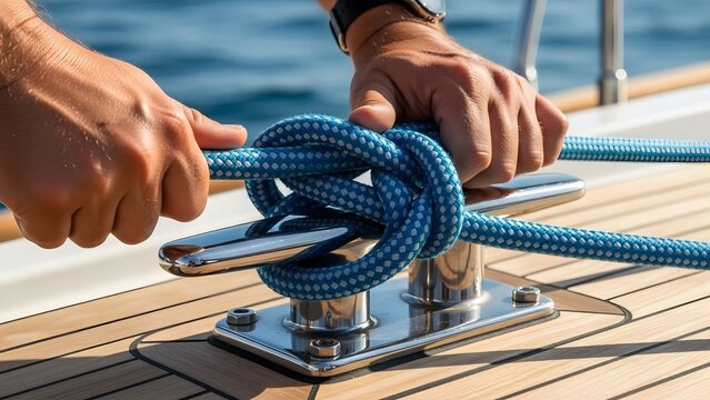 Hands tying a blue rope around a metal cleat on a wooden boat deck in bright sunlight on the water