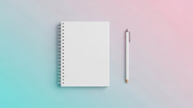 Minimalist workspace concept featuring a white notebook and pen on a gradient backdrop