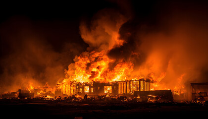 A house engulfed in flames. Suitable for illustrating fire emergencies