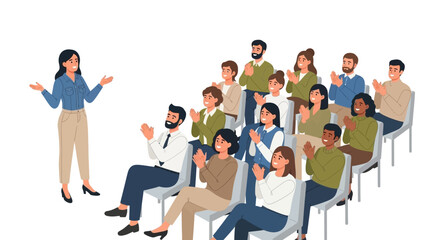 Business presentation audience clapping in seminar with enthusiastic female speaker in modern flat style