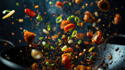 Stir fry ingredients tossed dynamically in mid-air