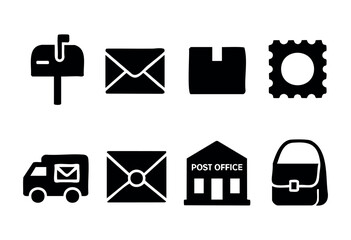 Flat black vector collection of postal service icons — mail, letters, parcels, and delivery — stock vector.